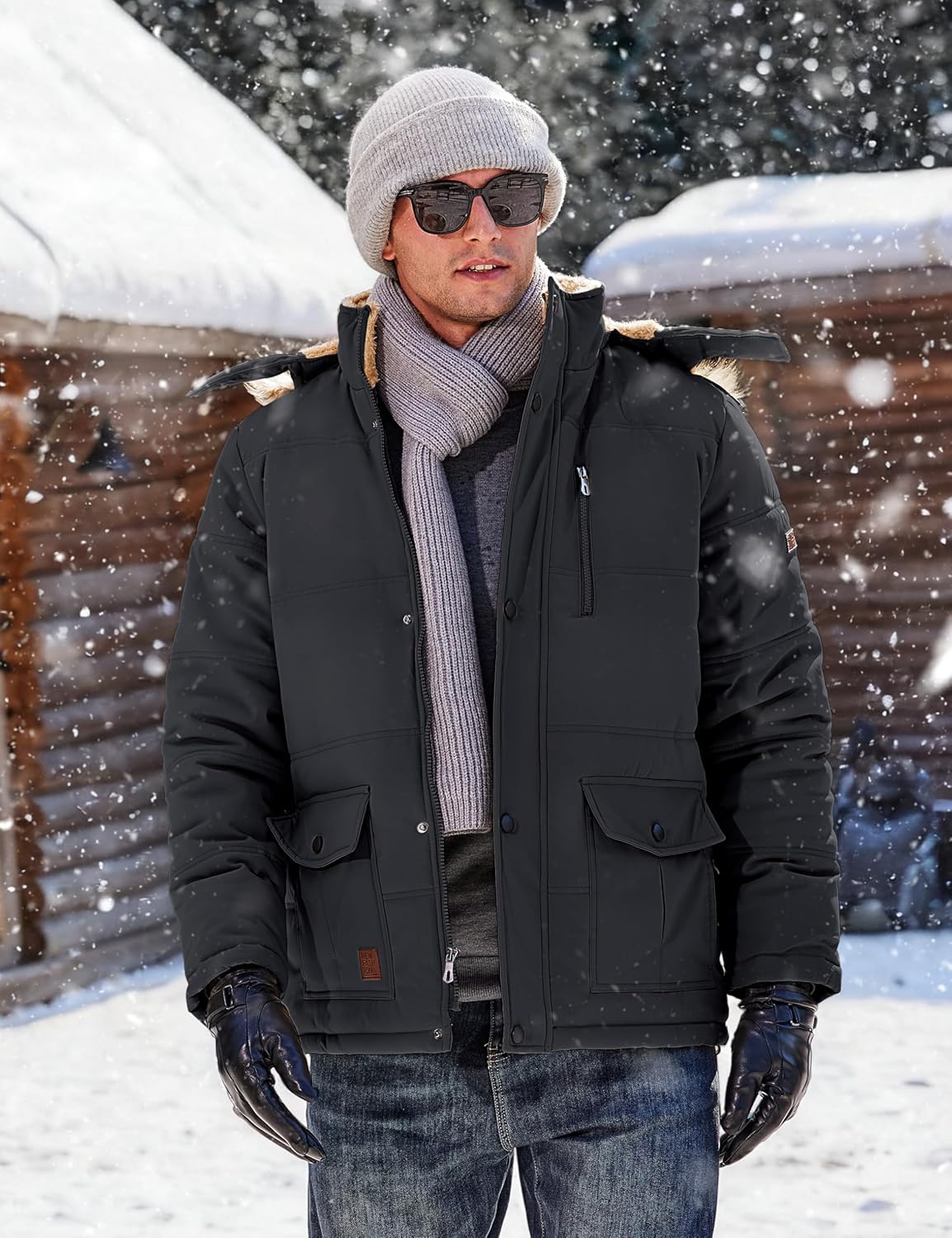Men’s black winter parka jacket with hood, faux-fur trim, and multiple front pockets