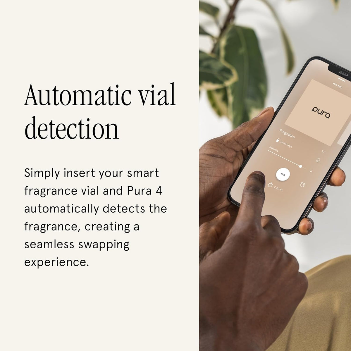 Automatic vial detection infographic with smartphone controlling smart fragrance refills