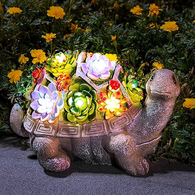 Garden turtle solar statue with glowing flower bouquet on shell, textured resin figure