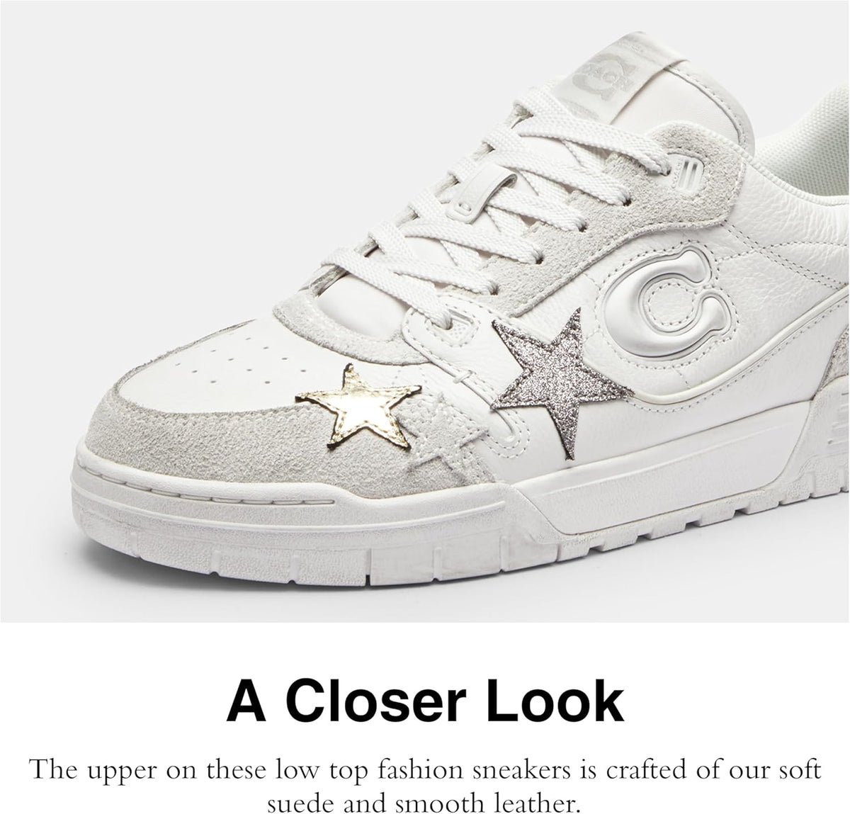 Coach women's Soho star sneakers, white upper with gold star and gray star details