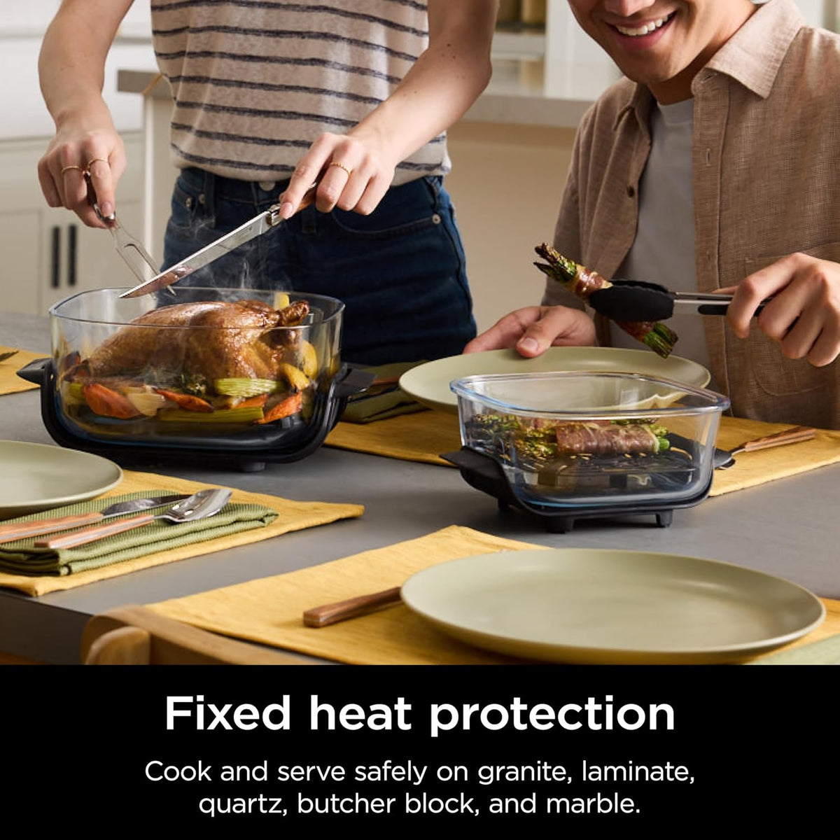 Portable glass air fryer with two clear containers as people prepare and serve food