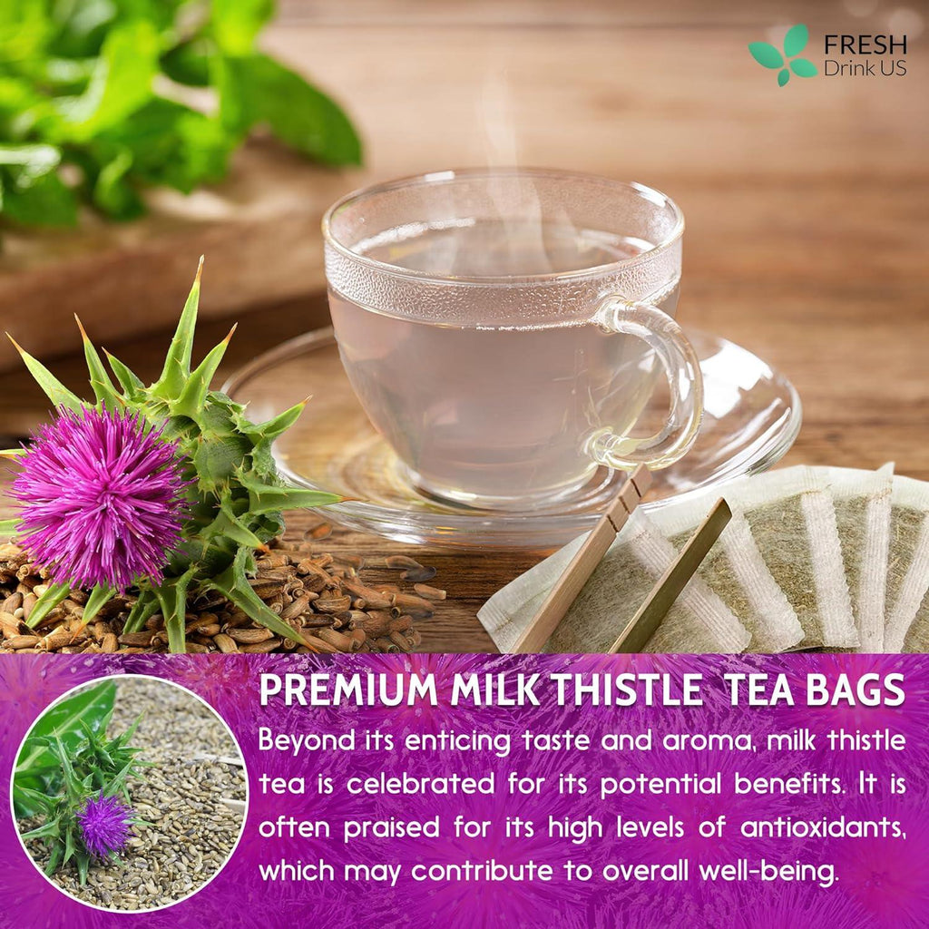 Milk thistle seed herbal tea bags with a cup of brewed tea and thistle flowers