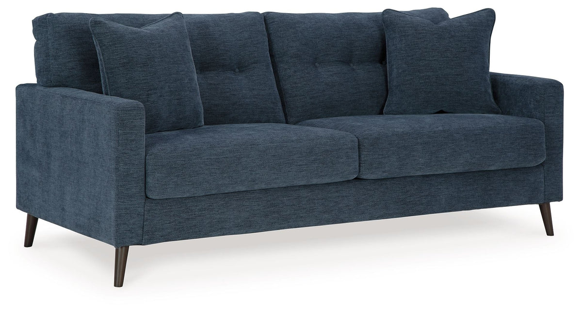 Upholstered 2-seat sofa in blue fabric with square arms and dark tapered legs