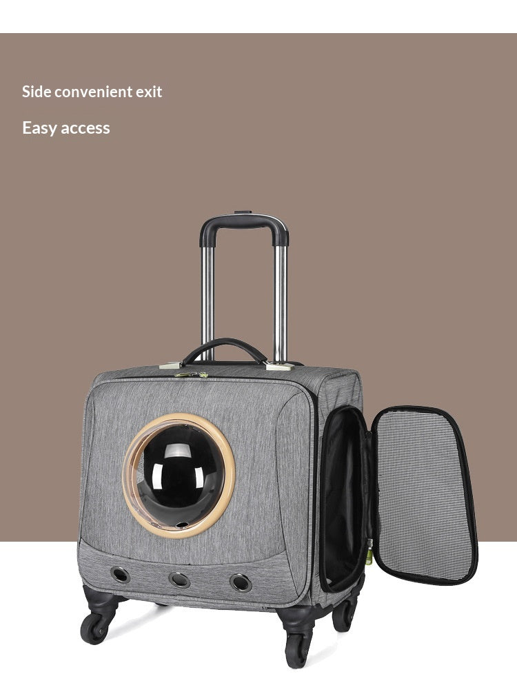 Light gray wheeled pet carrier with side door panel and round front window