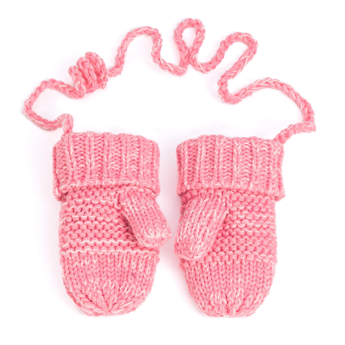 Pink knit chick mittens set with cord ties and ribbed cuffs