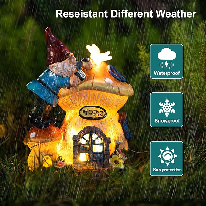 Solar gnome lantern statue with glowing house light, red hat and blue overalls