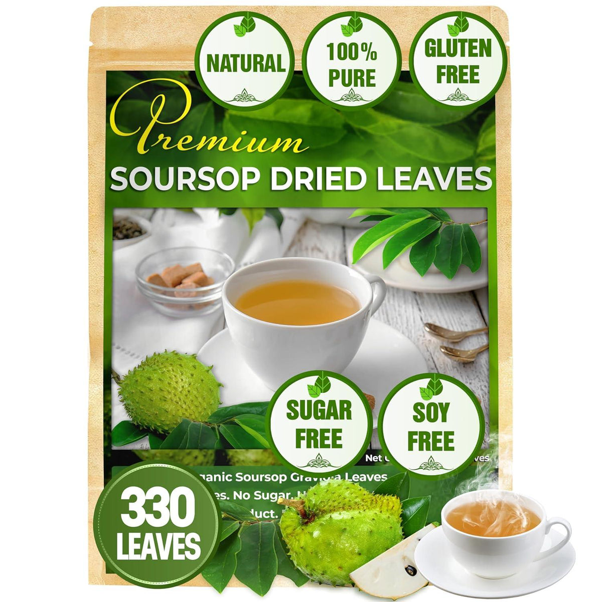 Premium soursop dried leaves pouch, 330 leaves; sugar-free, soy-free, gluten-free
