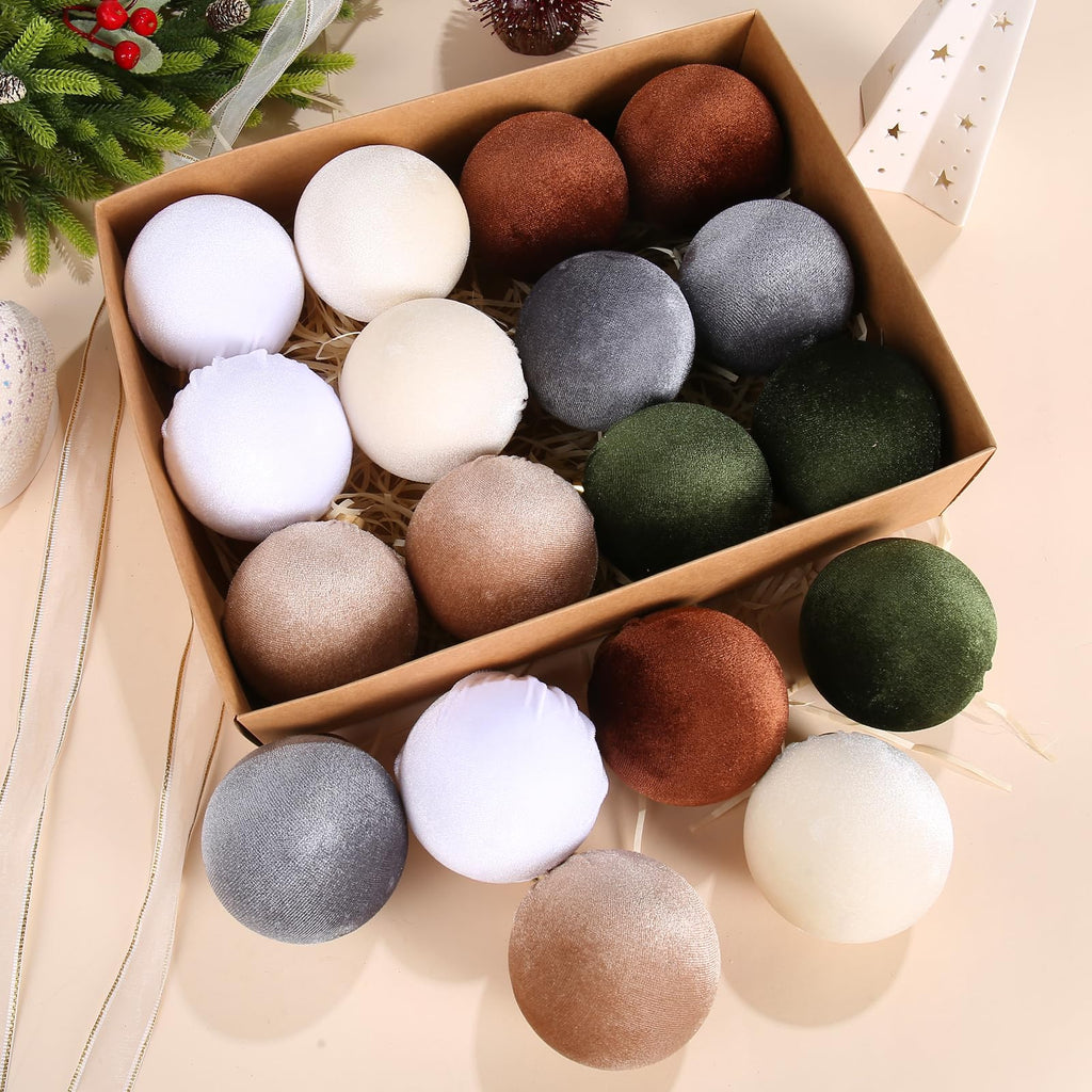 Velvet Christmas ornament balls assortment in kraft box, white, gray, green, and brown, 80mm