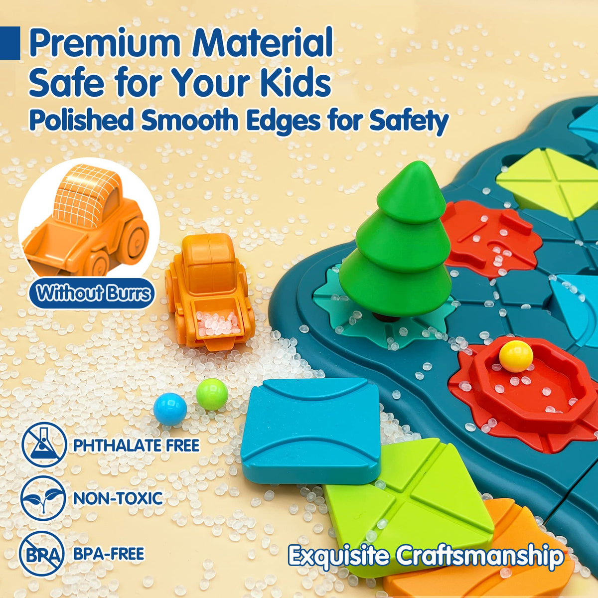 Teal logic puzzle board with orange and green vehicles, plus safety materials callouts