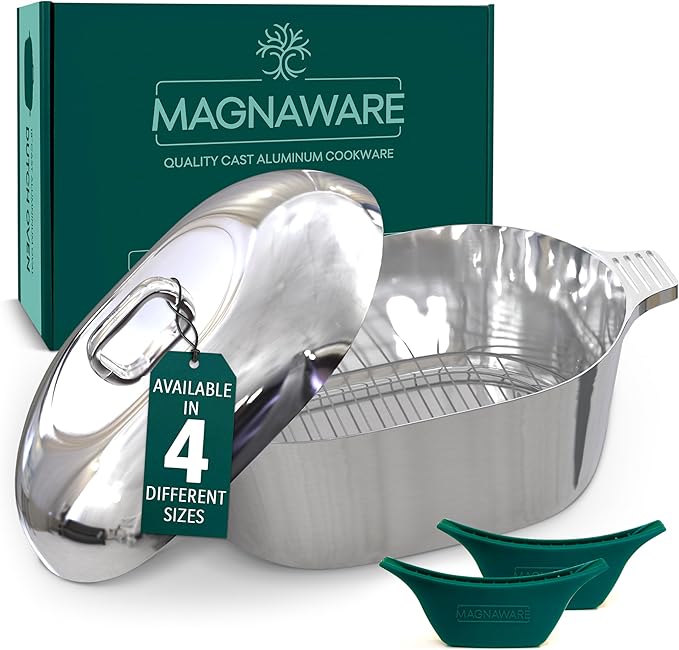 Oval stainless steel dutch oven with domed lid and side handles
