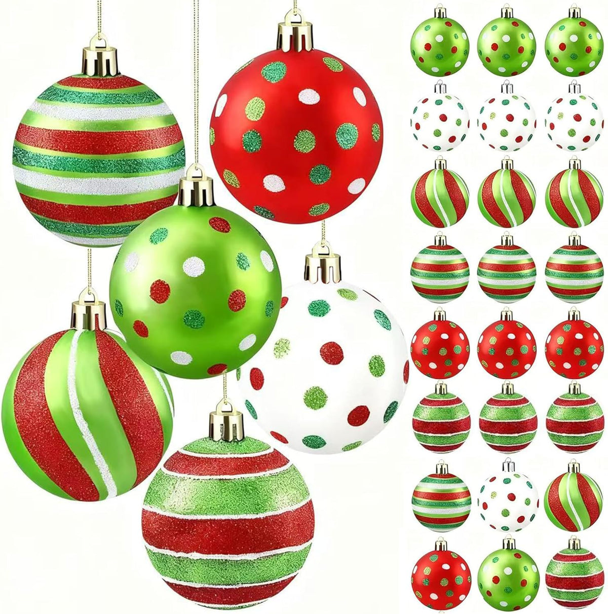 Assorted Christmas ball ornaments set, red green white striped and polka-dot hanging balls