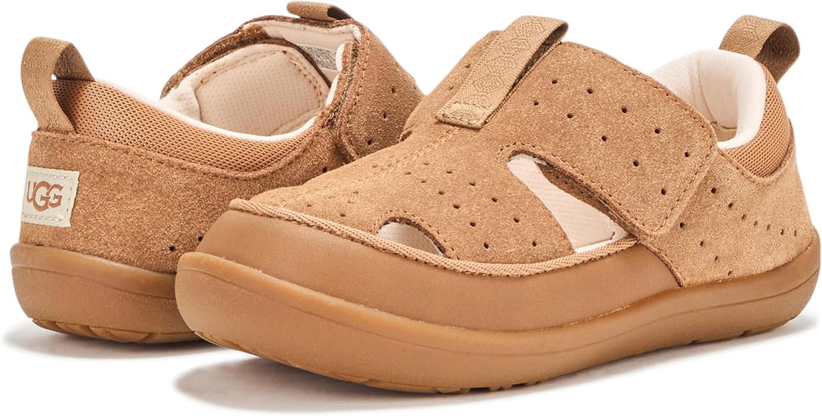 UGG baby sandal in chestnut suede with UGG label, perforations, and hook-and-loop straps