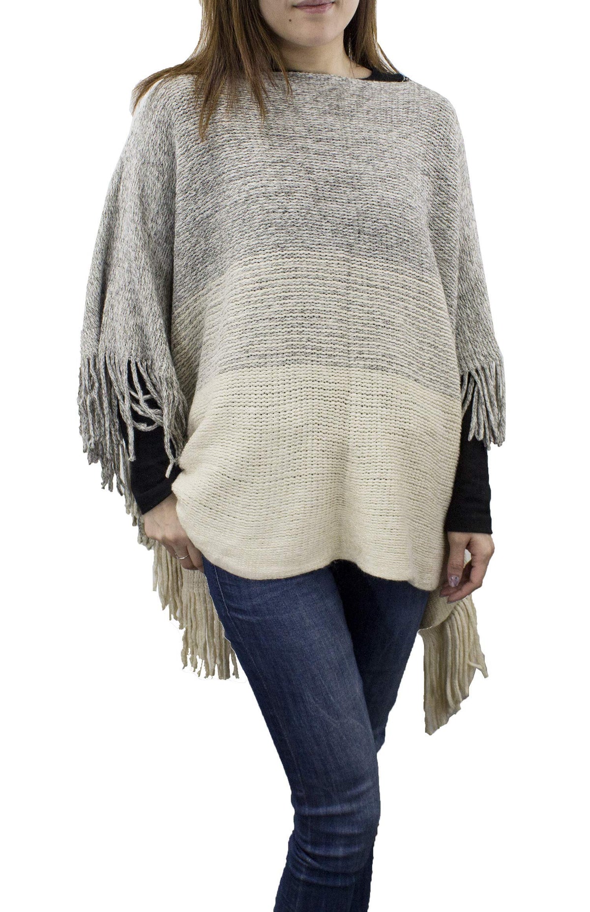 Two-tone knit poncho sweater with long fringe, loose batwing sleeves, light and dark tones