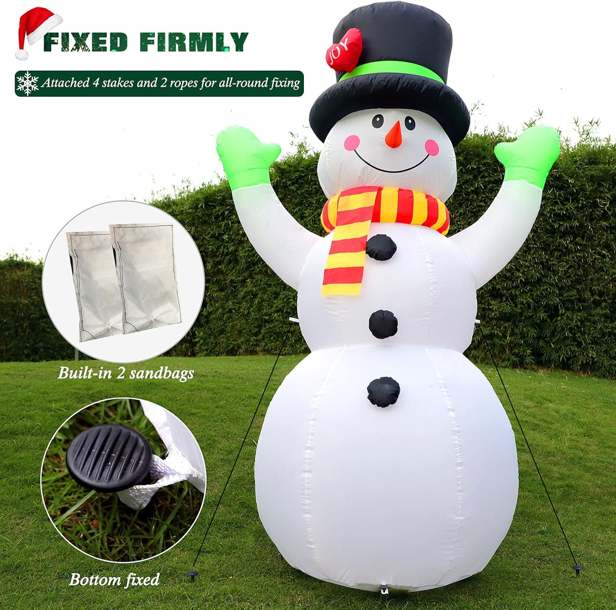 White inflatable snowman with black top hat and striped scarf, plus ground stakes and ropes