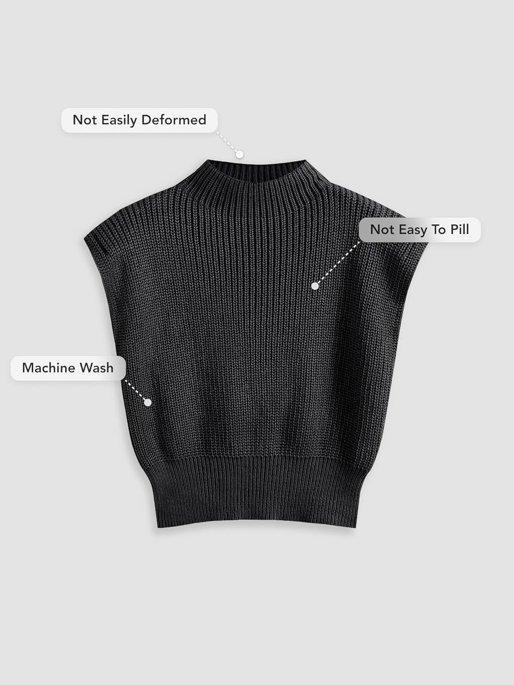 Women’s mock neck sleeveless sweater vest, black ribbed knit with high neckline
