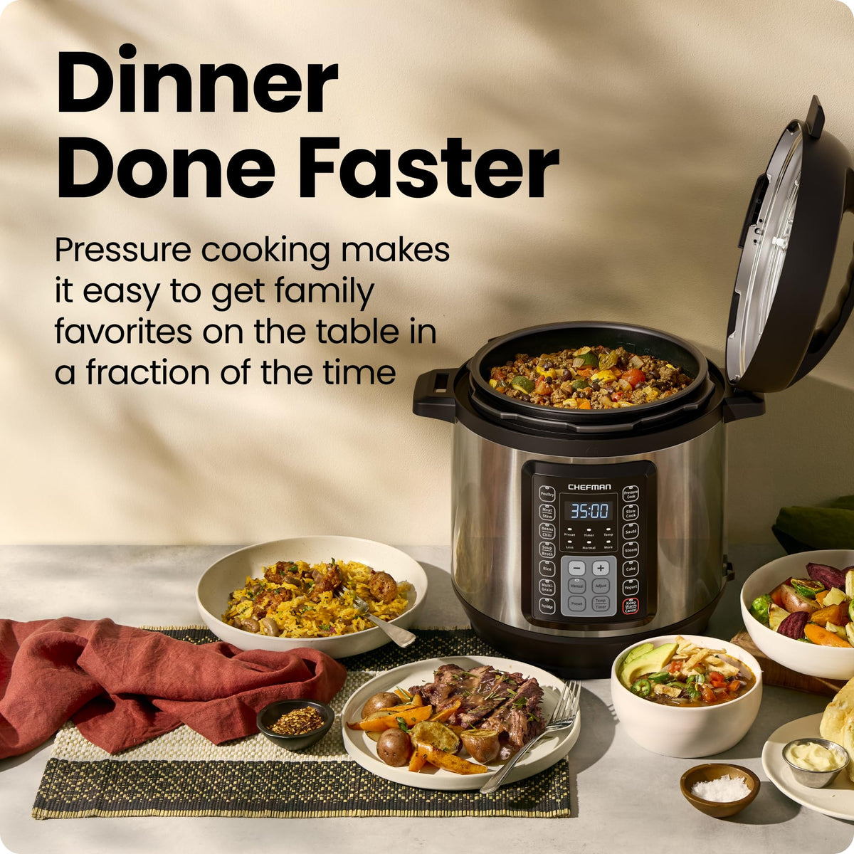 Stainless steel electric pressure cooker with open lid and touchscreen control panel