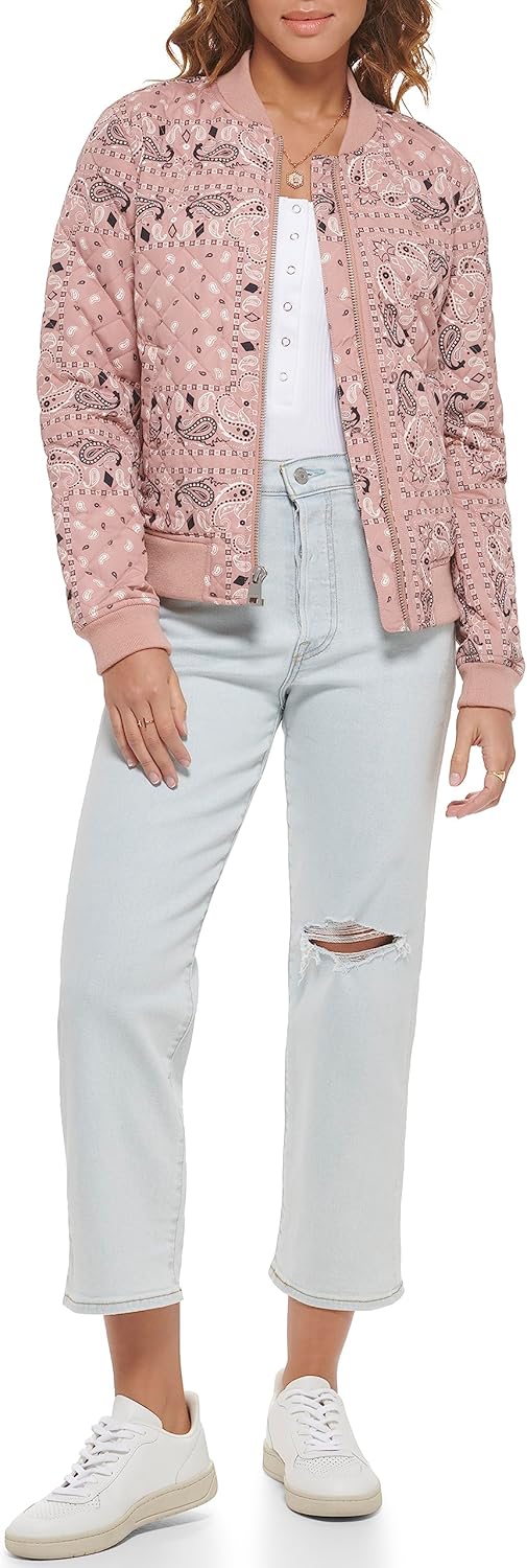 Quilted bomber jacket in dusty pink with front zipper and ribbed hem