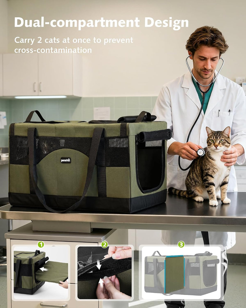 Green double cat carrier with removable center divider and mesh side windows