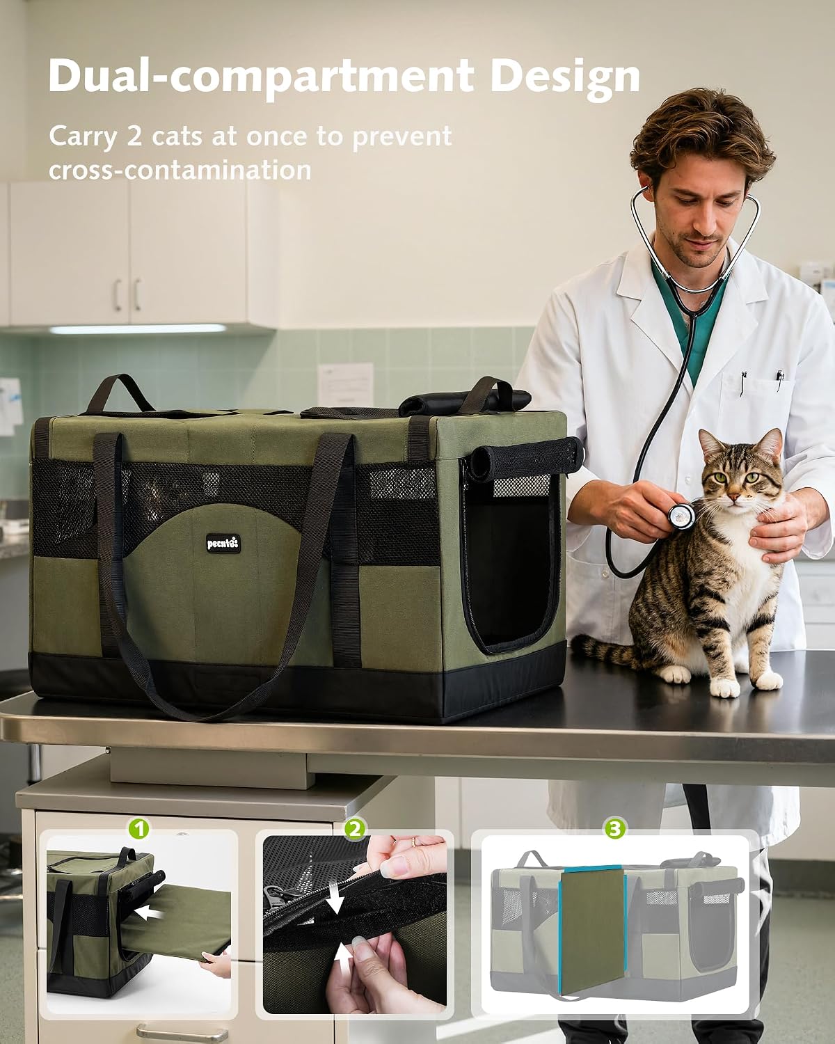 Green double cat carrier with removable center divider and mesh side windows