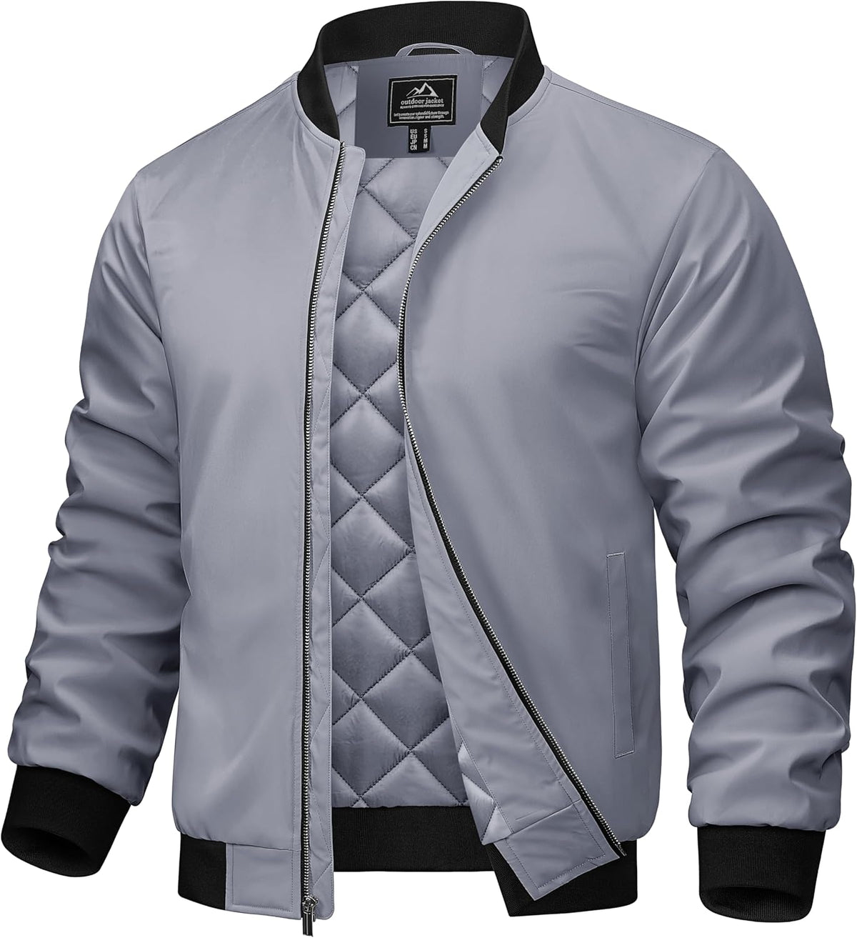 Men's light gray bomber jacket with full-zip front, stand collar, and quilted inner lining