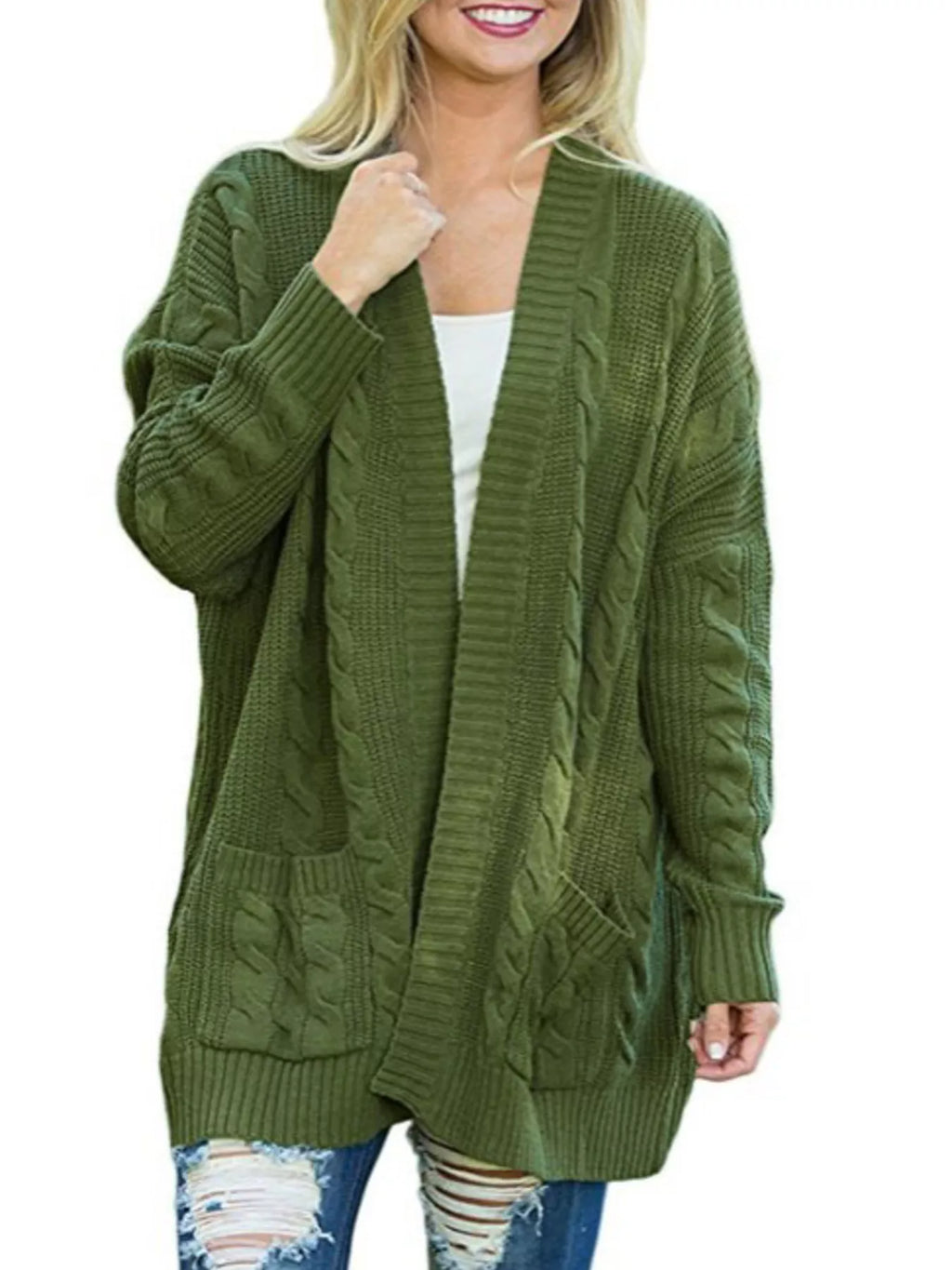 Green chunky knit open-front cardigan with cable texture and two patch pockets