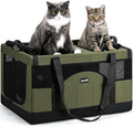 Green double-compartment cat carrier with mesh windows and long black carrying straps
