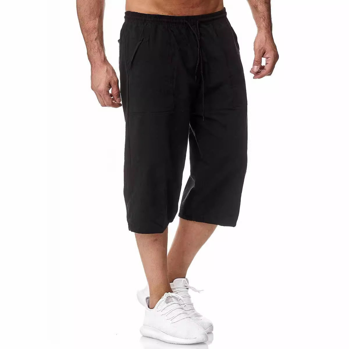 Men's black cotton-linen shorts with drawstring elastic waist and straight mid-calf hem