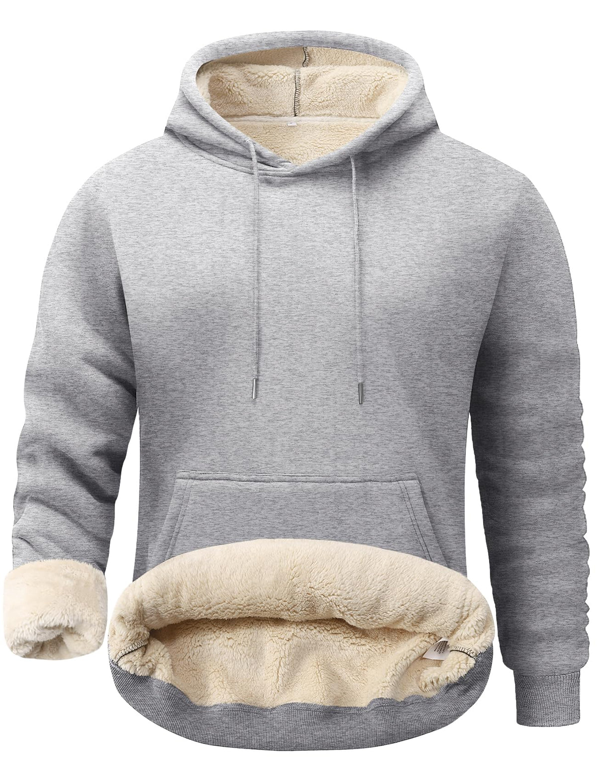 Men's sherpa-lined fleece hoodie, light gray with beige sherpa lining at hood and cuffs