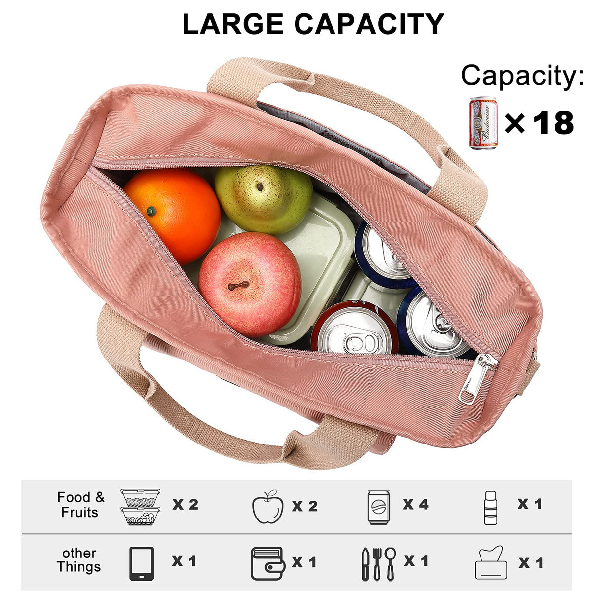 Pink extra-large lunch bag with wide open interior and zip pocket holding fruit and canned drinks