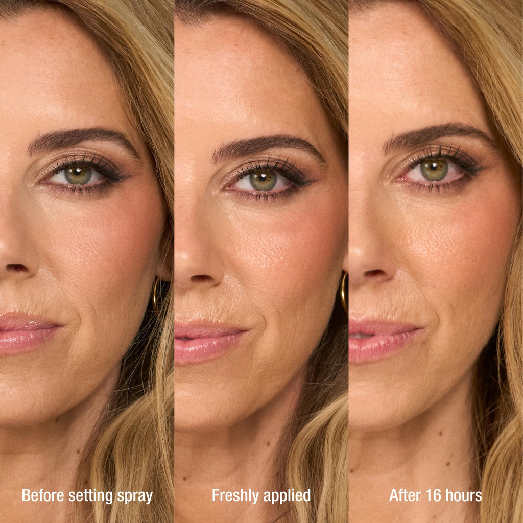 Close-up of a woman’s face in three views showing skin after setting spray