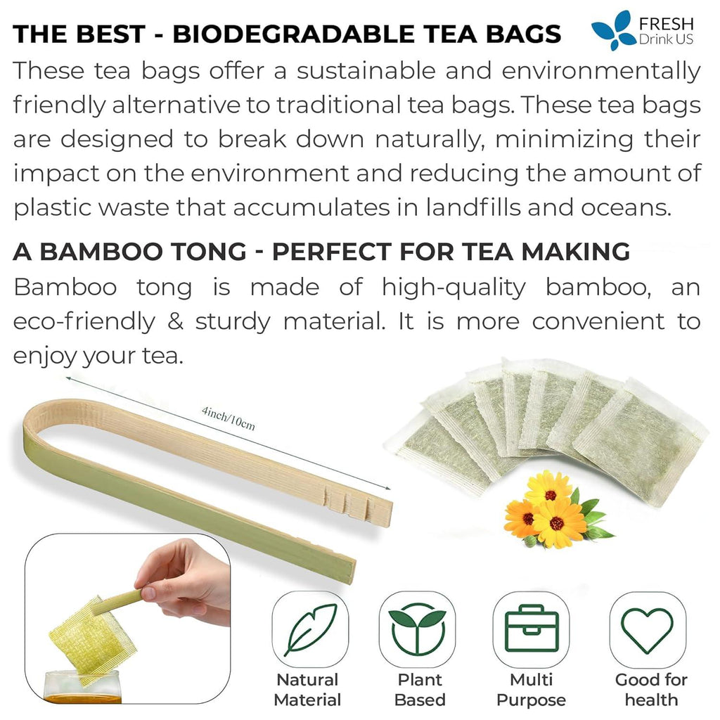 Biodegradable tea bags and bamboo tong set with tea bag icons