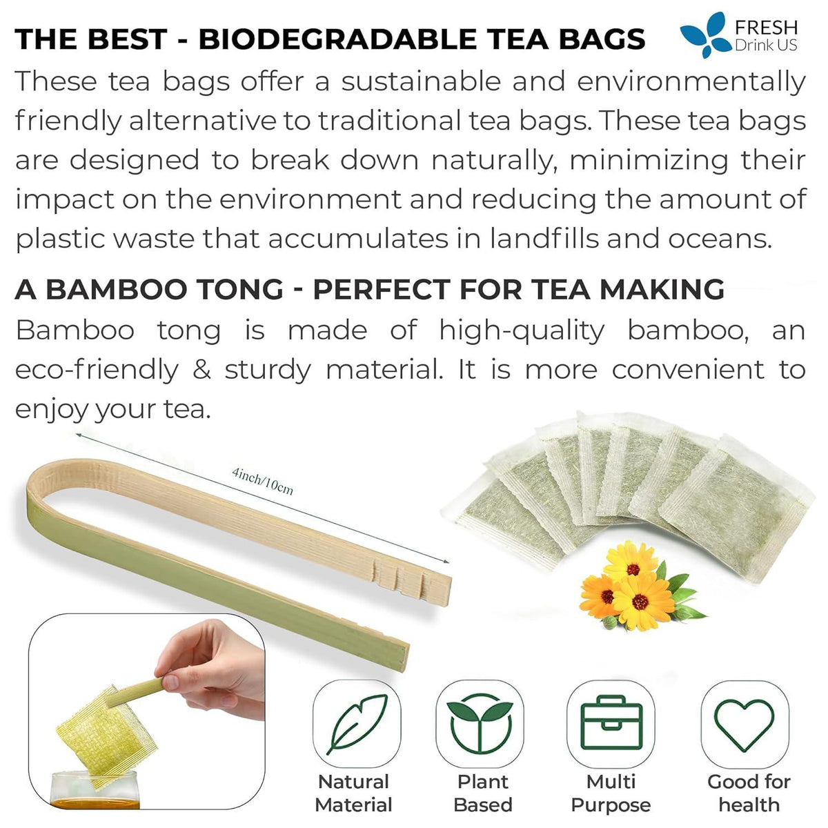 Biodegradable tea bags and bamboo tong set with tea bag icons