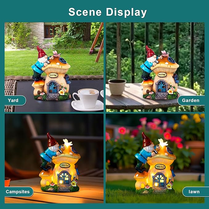 Solar gnome lantern statue with glowing house, displayed in outdoor garden scenes