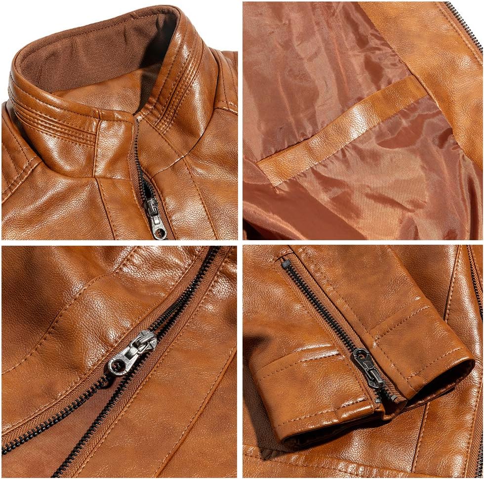Brown leather motorcycle jacket close-up: stand collar, zippers, and textured panel seams
