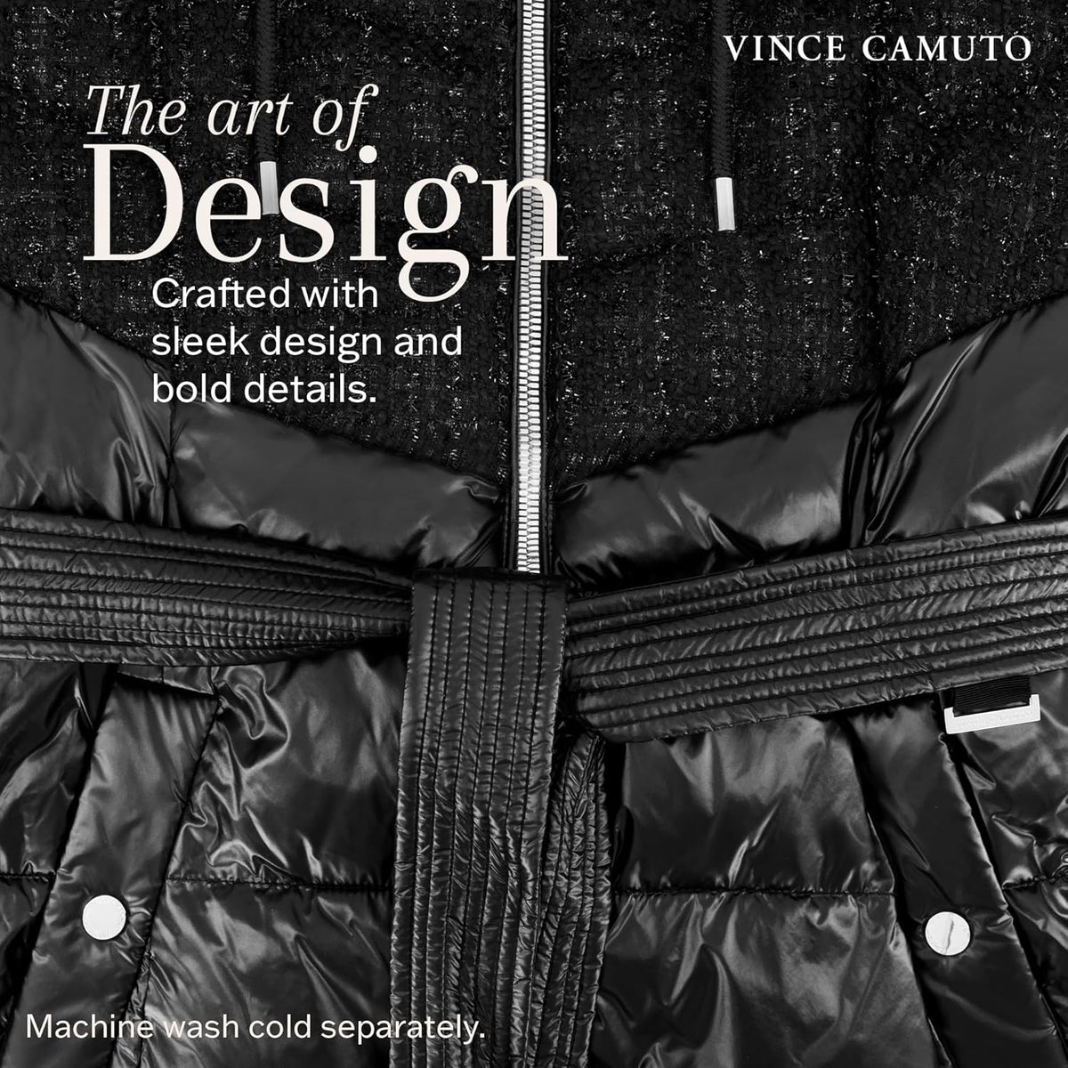 Black quilted puffer jacket detail with front zipper and removable belt sash.