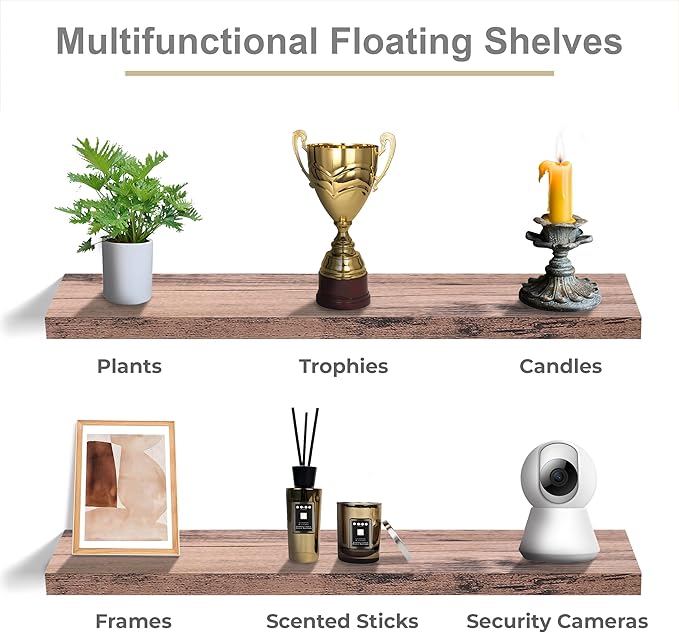 Mahogany floating shelves for displaying plants, trophies, candles, frames, and a camera