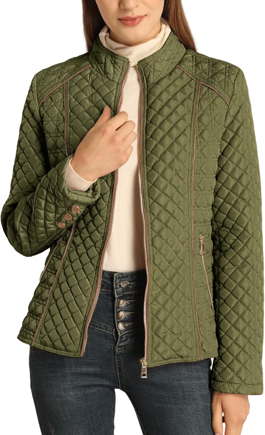 Olive green quilted puffer jacket with stand collar, zip front, gold-tone trims