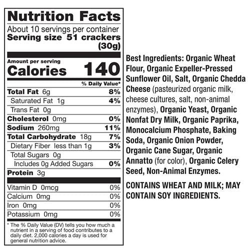 Nutrition Facts panel for snack crackers, 51 crackers per serving (30g).