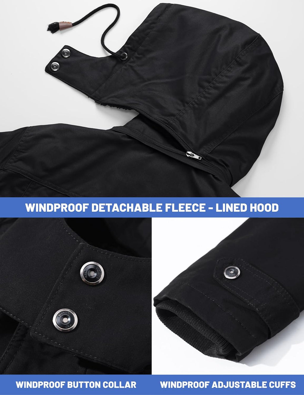 Black windproof detachable hood fleece-lined winter jacket with snap cuffs and pockets