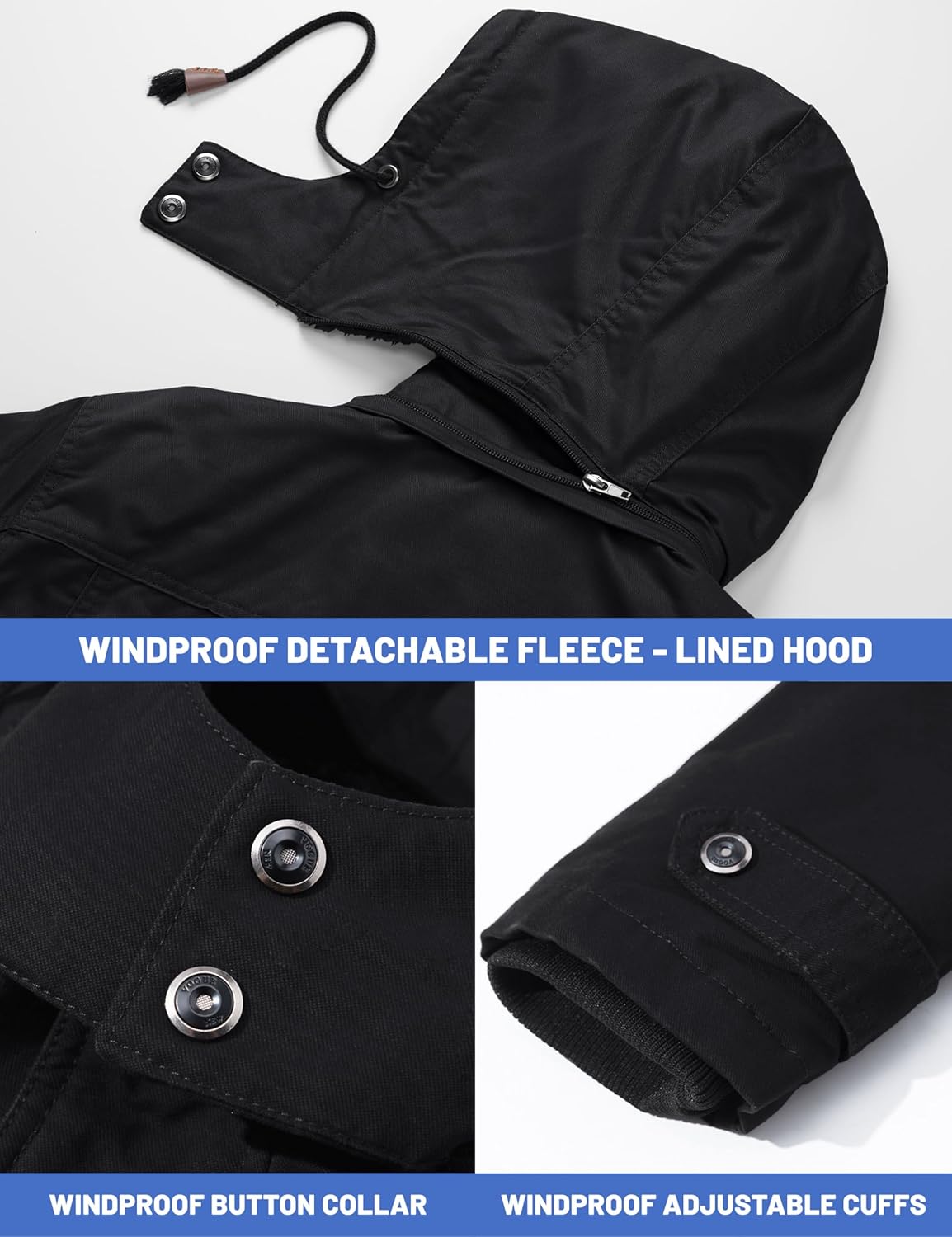 Black windproof detachable hood fleece-lined winter jacket with snap cuffs and pockets