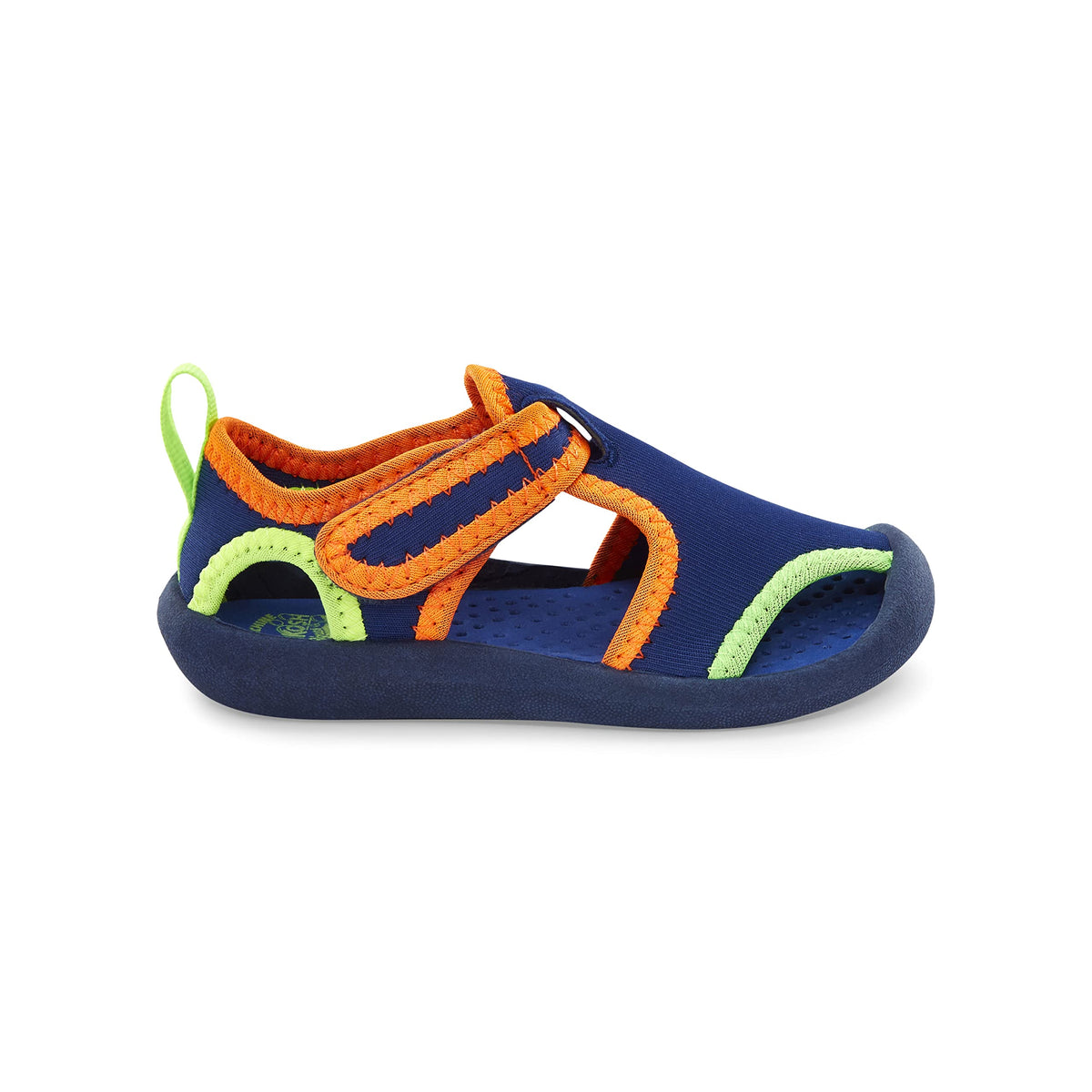 Boys water shoe, navy upper with orange hook-and-loop straps and neon green accents