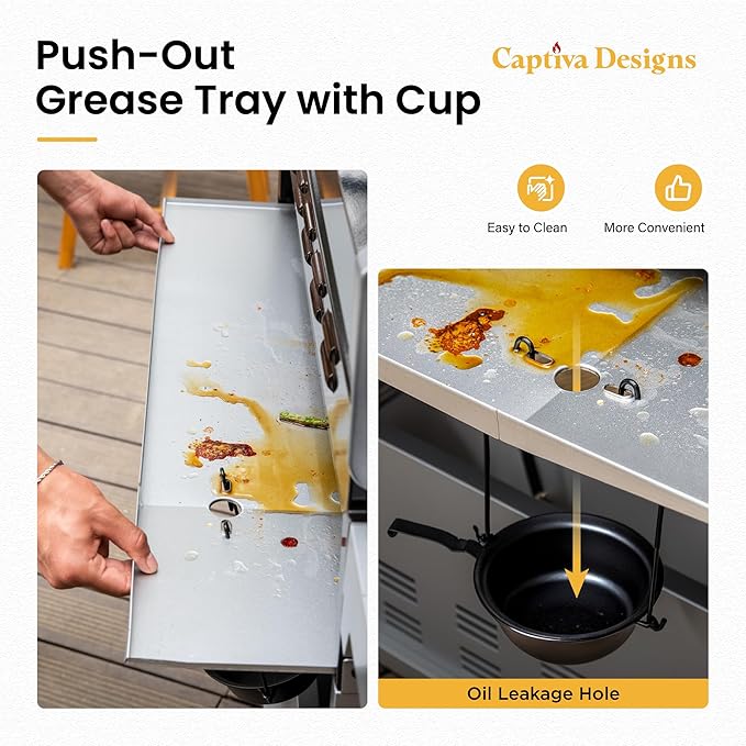 BBQ grease tray with cup, open storage panel for easy cleaning
