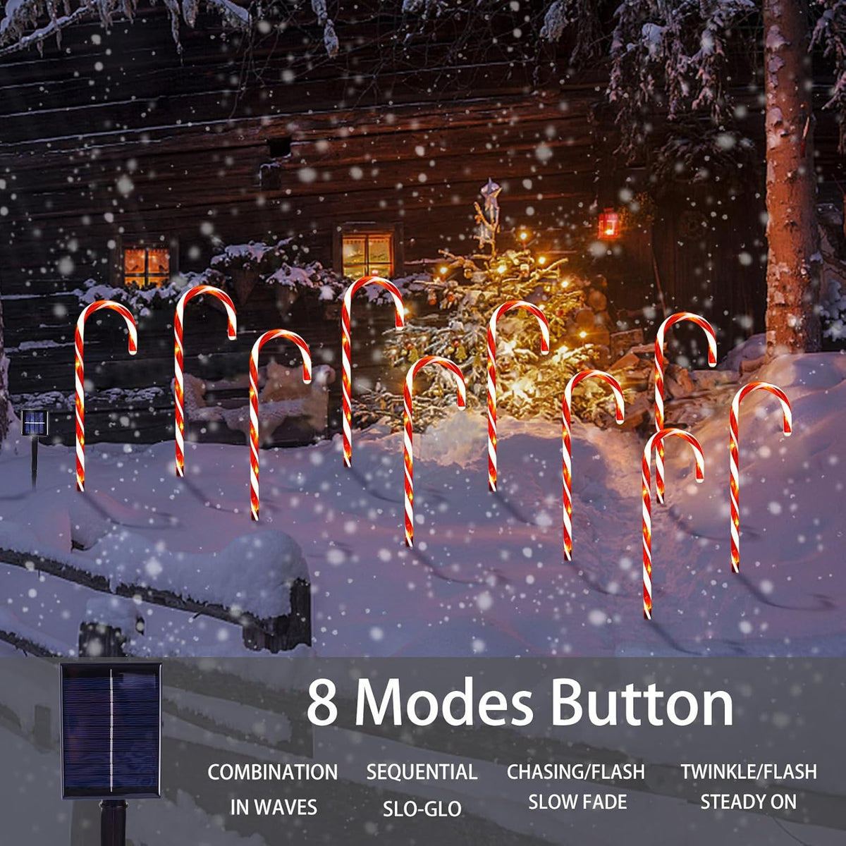 Candy cane solar pathway lights, red-white glowing candy cane arches in snowy outdoor setting