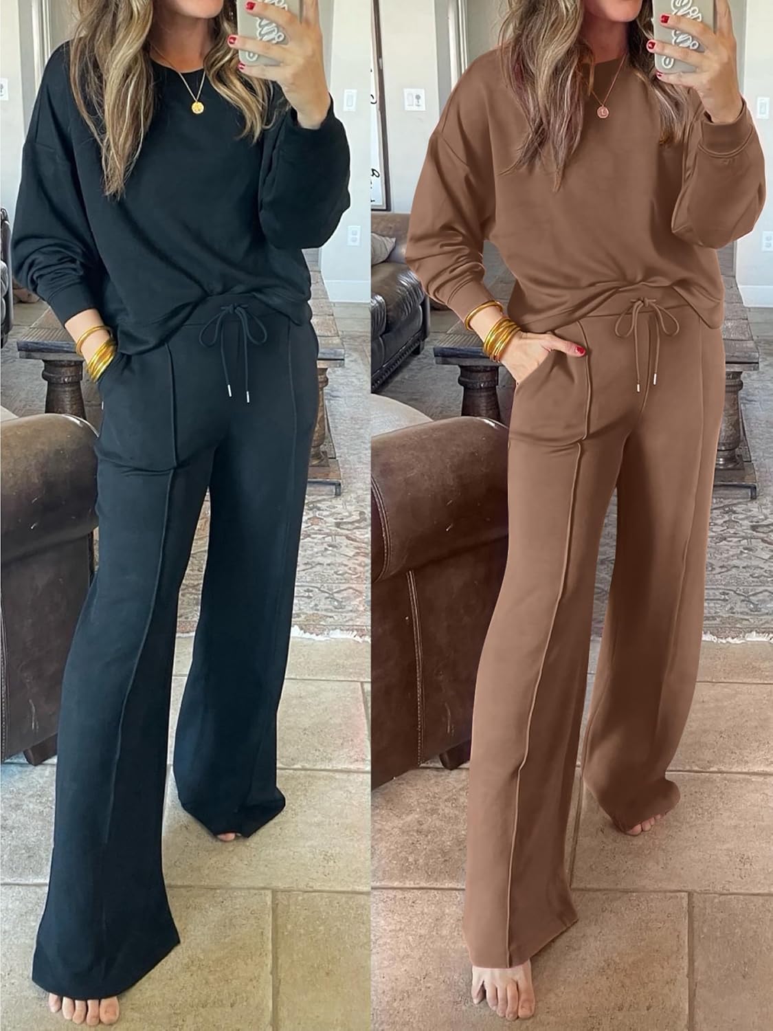 Dark green women’s 2-piece sweatsuit set with long-sleeve top and drawstring wide-leg pants