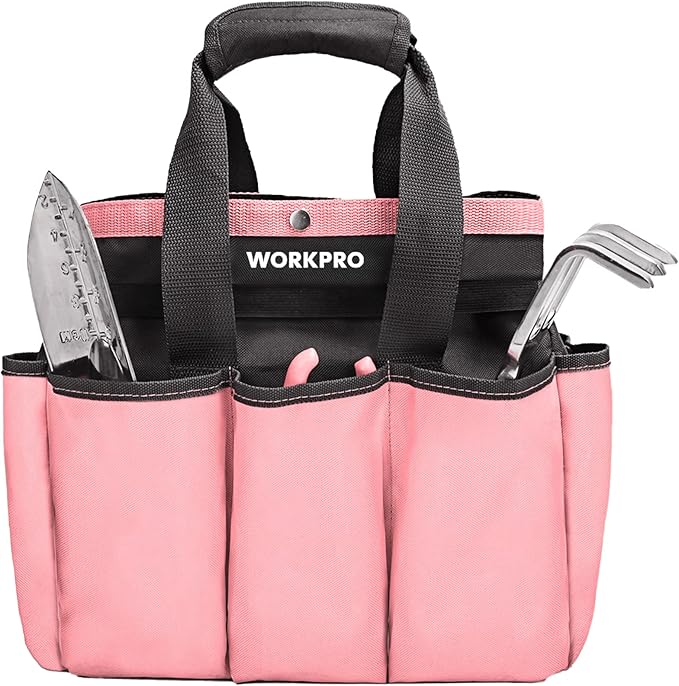 WORKPRO pink garden tool tote bag with black handle and front multi-pocket organizer
