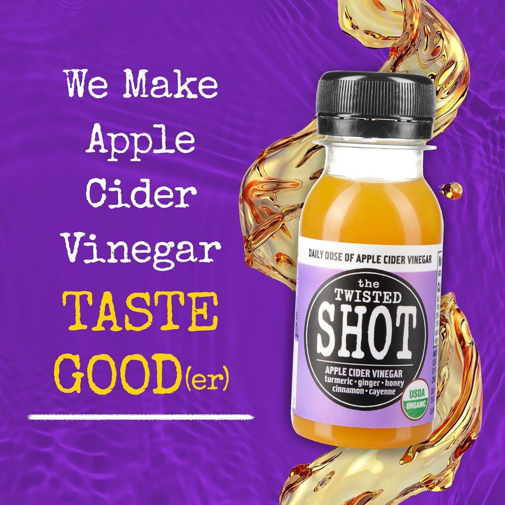 Twisted Shot apple cider vinegar wellness shot bottle with purple label and black cap