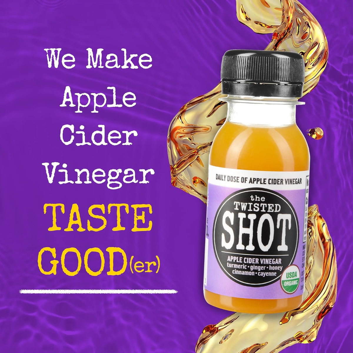 Twisted Shot apple cider vinegar wellness shot bottle with purple label and black cap