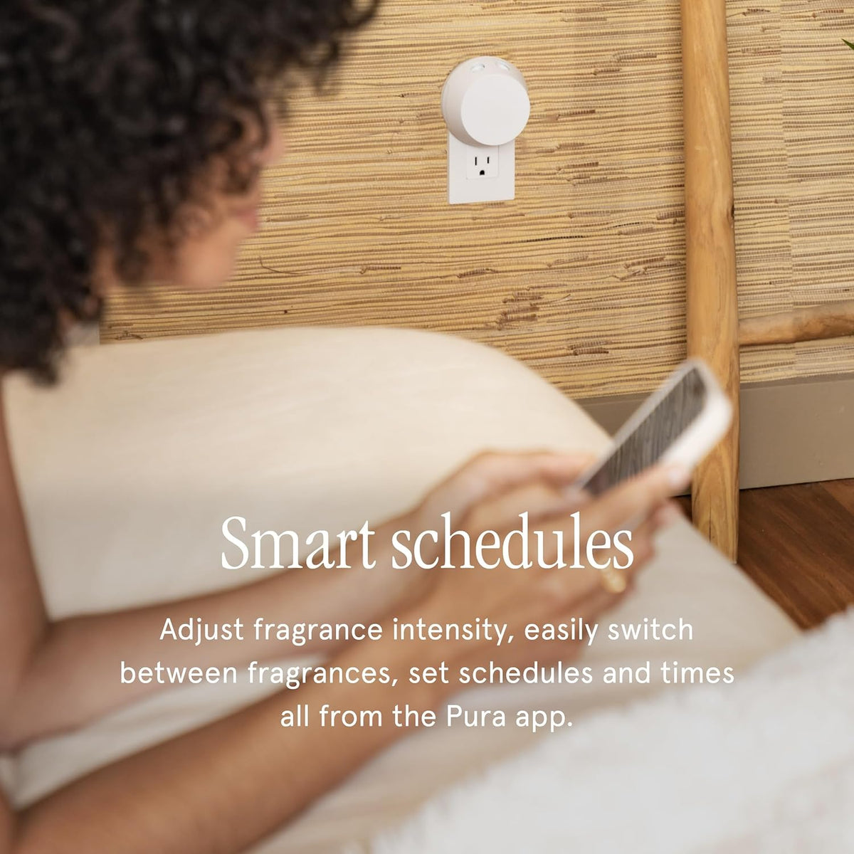 Smart schedules infographic: adjust fragrance intensity and set timing with the app