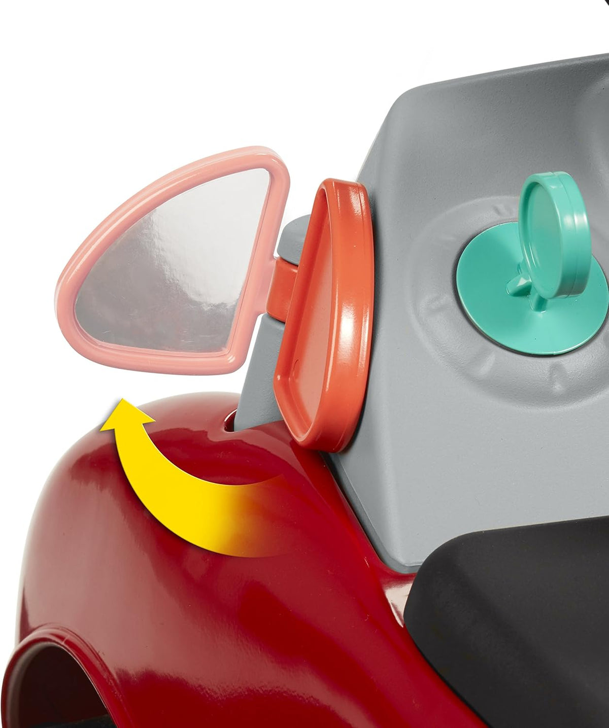 Red toddler ride-on car with clear side mirror on grey body and black seat base.