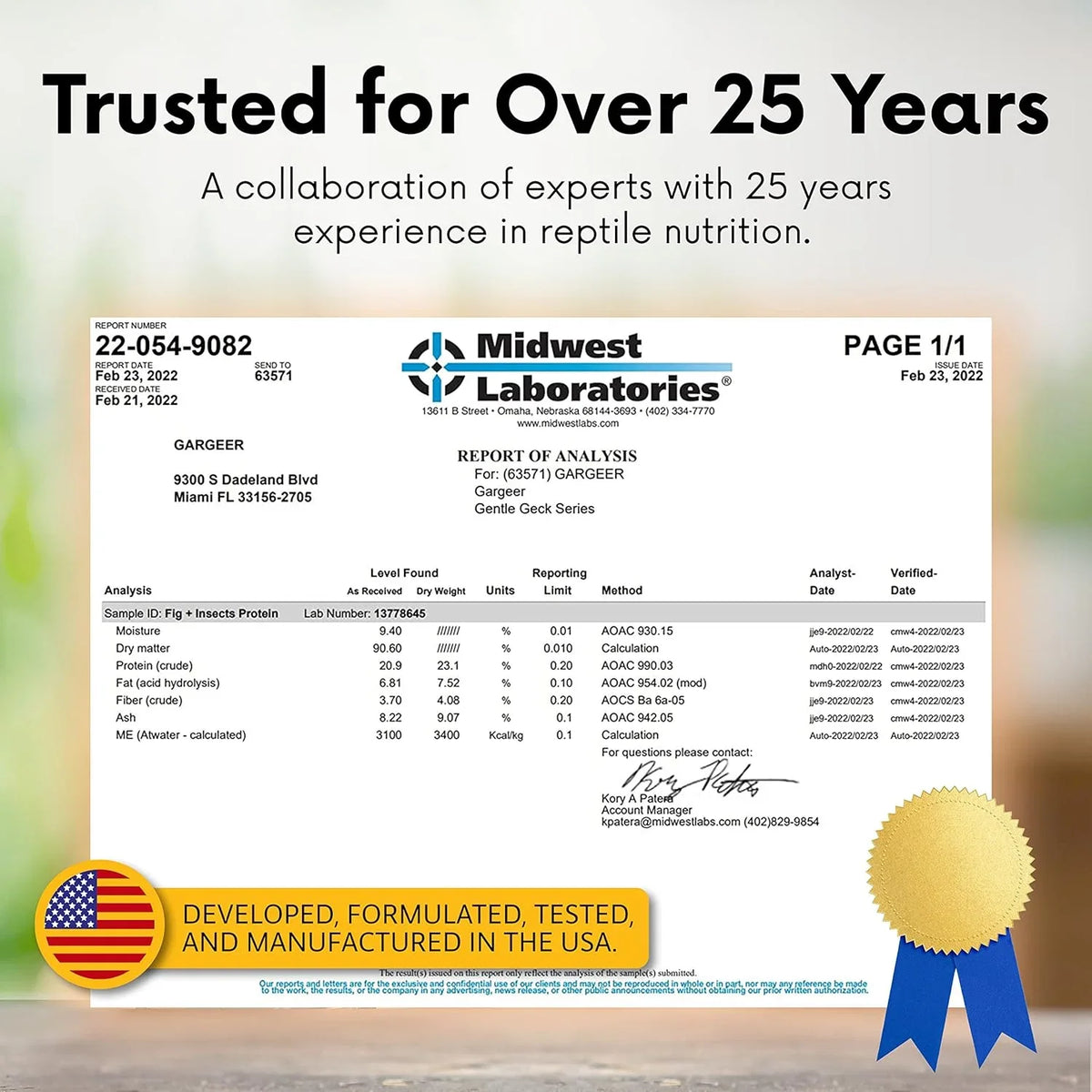Crested gecko supplement lab report page for gargeer with Midwest Laboratories header